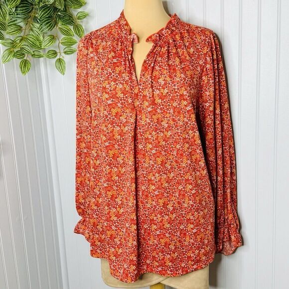 Max Studio Womens Plus Sz 1X Ruffle Neck Top Red White Floral Long Sleeve BOHO - Picture 1 of 15